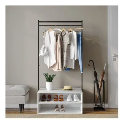 (White) Wooden Shoe Rack Shelf Storage & Metal Clothes Coat Garment Hanging Display Rail