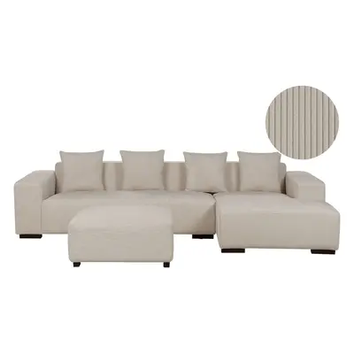 Left Hand Jumbo Cord Corner Sofa with Ottoman Beige LUNGO