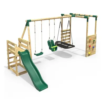 (Monkey Bars plus Deck & 6ft Slide - Halley, Green) Rebo Wooden Children's Swing Set with Monkey