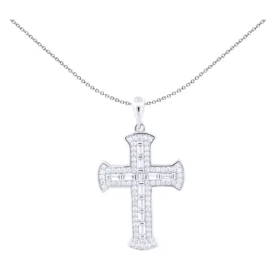 Jewelco London Unisex Rhodium Silver White Baguette CZ Encrusted Fan End Latin Cross Pendant - A