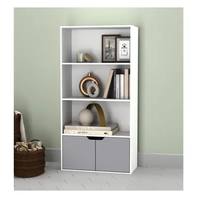 (White, Grey) Tier Wooden Bookcase with Doors Shelving Cabinet