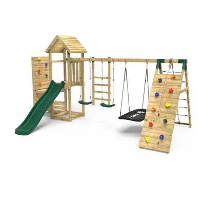 (Pyrennes+) Rebo Wooden Climbing Frame with Vertical Rock Wall, Swing Set and Slide