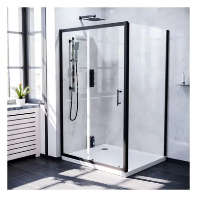 Nes Home Magna Black Shower Sliding Door, Frameless Side Panel & Tray