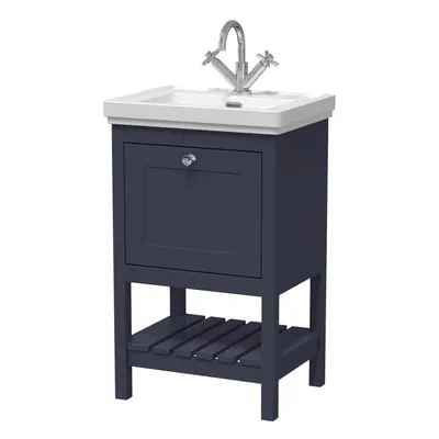 Traditional Furniture Floor Standing Drawer Vanity & Tap Hole Fireclay Basin, 500mm, Indigo Blue