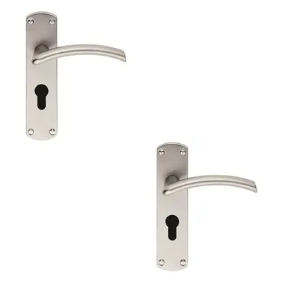 2x Arched Lever on Euro Lock Backplate Door Handle x 42mm Satin Chrome