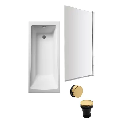 Square Single Ended Bath, Square Screen and Brushed Brass Waste - x 700mm