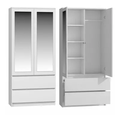 MODERN Door Storage Mirror Wardrobe, Shelves And Drawers - White