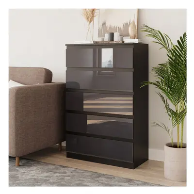 (Black & Grey) Drawer High Glossy Wooden Bedroom Chest Cabinet No Handle Drawer Storage