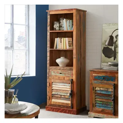 Beverly Tall Narrow Bookcase Cabinet Drawer Storage Rustic Wood Handmade Finish