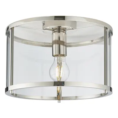 Bright Nickel Semi Flush Ceiling Light & Clear Glass Shade - Low Ceiling Fitting