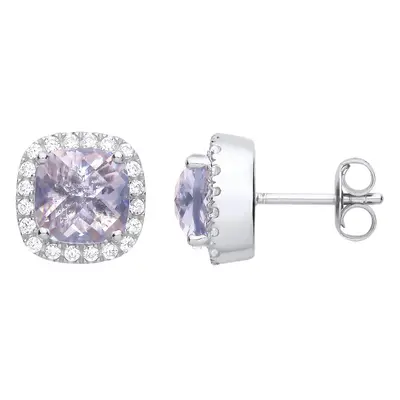 Jewelco London Ladies Rhodium Plated Sterling Silver Lilac Cushion CZ Halo Stud Earrings - EAG12