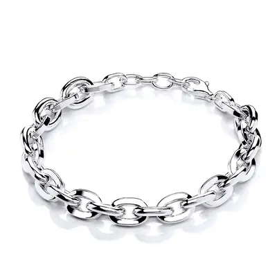 Jewelco London Ladies Rhodium Plated Sterling Silver Alternating Flat & Rounded Oval Links Chain