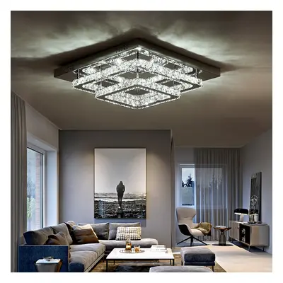 (50cm Level-Square, Cool White) Modern LED Ceiling Light Crystal Flush Chandelier