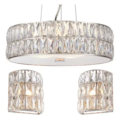 5 Bulb Ceiling Pendant & 2x Matching Flush Wall Light Chrome & Crystal Glass