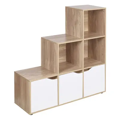 (Oak, White) Cube Step Storage Bookcase Shelf Unit Doors Wood