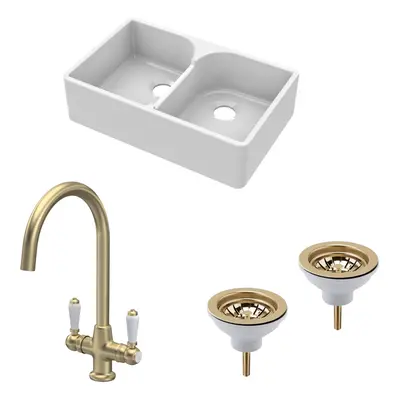 Fireclay Kitchen Bundle - Double Bowl Stepped Weir Butler Sink, Wastes & Mono Lever Tap, 795mm -