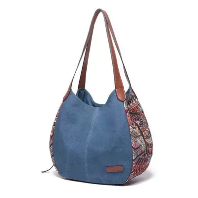 (Blue) Main Bags Bohemia Large Capacity Canvas Floral Handbag Shoulder Bag For Women