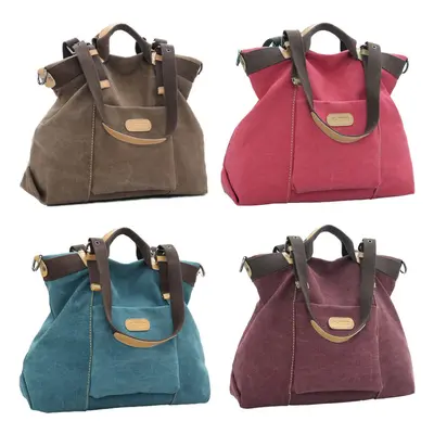 (Burgundy) Women Canvas Solid PU Trim Zipper Fastening Casual Crossbody Handbag