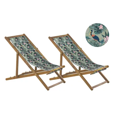 Set of Acacia Folding Deck Chairs and Replacement Fabrics Light Wood with Off-White / Pelican Pa