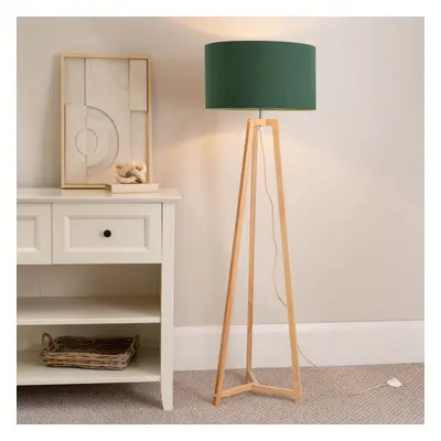 ValueLights Lottie Green Shade Natural Wood Tripod Floor Lamp & Bulb