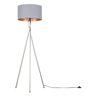 Modern Brushed Chrome Metal Tripod Floor Lamp with a Grey & Copper Cylinder Shade - Complete wit