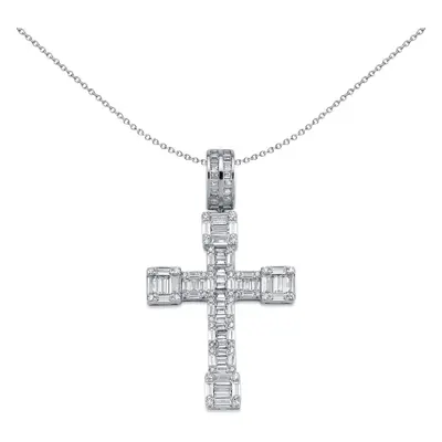 Jewelco London Rhodium Plated Sterling Silver Baguette Cubic Zirconia Art Deco Blocky Cross Pend