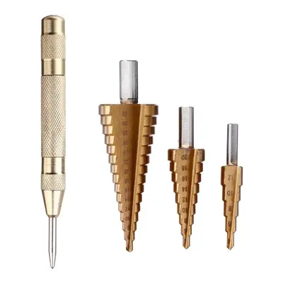 4pcs 4-12/20/32mm HSS Titanium Step Cone Drill Bit with Automatic Center Pin Punch