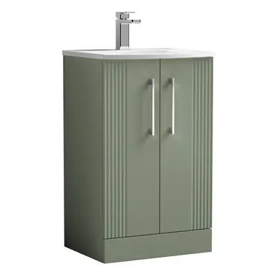 Retro Door Floor Standing Vanity Unit with Curved Tap Hole Ceramic Basin - 500mm - Satin Green -