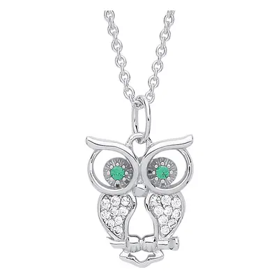 Jewelco London Ladies Sterling Silver Emerald-Green Cubic Zirconia Wise Owl Hoot Charm Necklace 