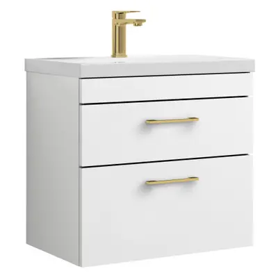 Rio Drawer Wall Hung Vanity Basin Unit - 600mm - Gloss White with Brushed Brass D Handles (Tap N