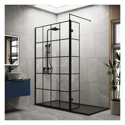 8mm Glass Walk In Wetroom Screen and Hinged Return Black Framed Design and Grey Shower Tray - x 