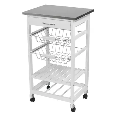 White Wood & Metal Rolling Kitchen Serving Trolley Storage Vegetable