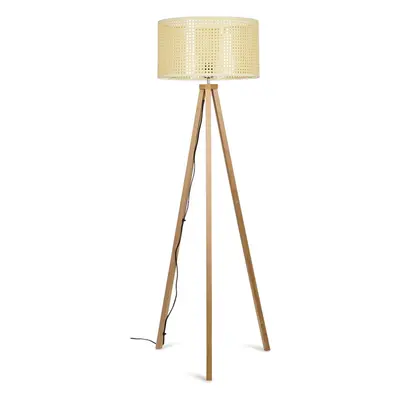 Barbro Light Wood Tripod Floor Lamp + Reni Wicker Pendant Drum Shade