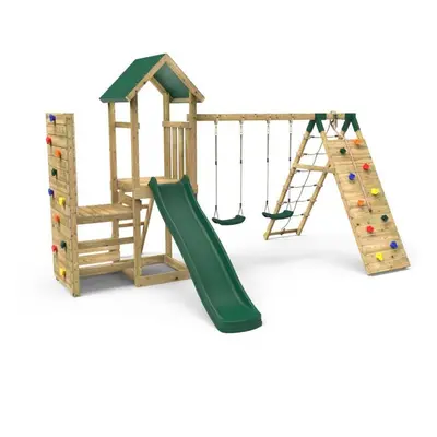 (Greenhorn+) Rebo Wooden Climbing Frame with Vertical Rock Wall, Swing Set and Slide