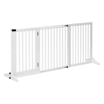 PawHut Wooden Freestanding Pet Gate Adjustable w/ Door Lock Safe Barrier White