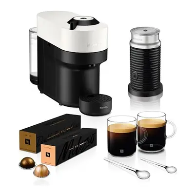 Nespresso Coffee Machine Baritsa Bundle includes Vertuo Pop White by Krups, Milk Frother, 2xNesp