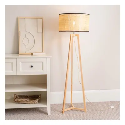 ValueLights Lottie Cane Shade Natural Wood Tripod Floor Lamp & Bulb