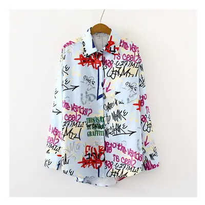 casual BF Blouse streetwear Women Graffiti letter printing Blouses Streetwear Turn Down Collar L