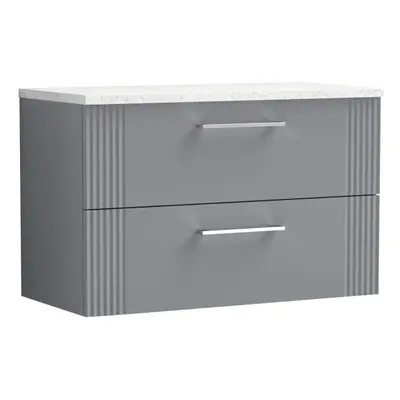 Retro Drawer Wall Hung Vanity Unit with Sparkling White Laminate Worktop - 800mm - Satin Grey - 