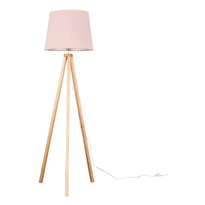 Modern Light Wood Tripod Design Floor Lamp with a Pink Tapered Shade - Complete with a 6w LED GL