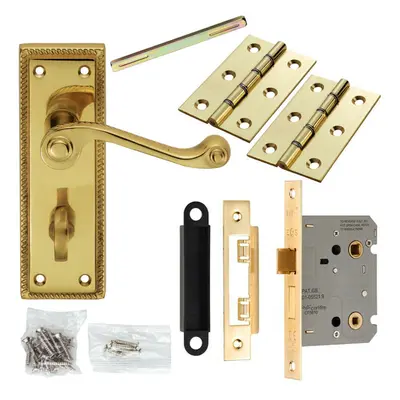 Door Handle & Bathroom Lock Pack Brass Victorian Scroll Thumb Reeded Backplate