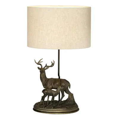 Table Lamp Stag & Fawn Statuette Natural Hessian Shade Bronze Patina LED E27 40w