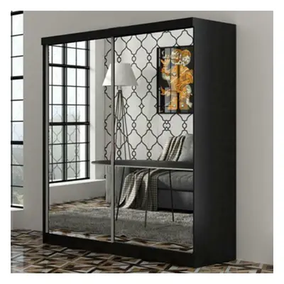 (Black, 200cm) MN Furniture Queen Mirrored Sliding Door Wardrobe