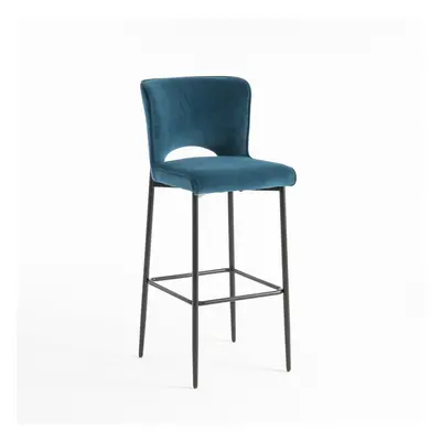 (Blue) LILY VELVET BAR STOOL PADDED SEAT METAL LEGS (Grey)