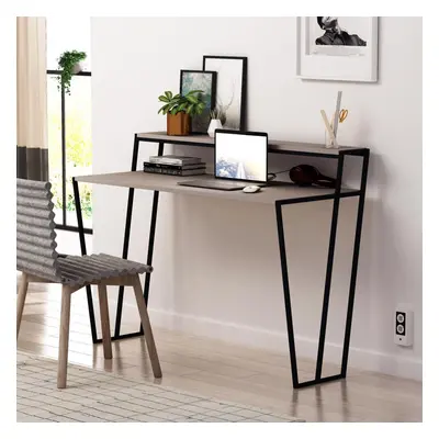 FWStyle Modern Home Office Student Study Desk Black Metal Frame Mocha Grey