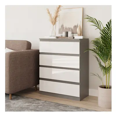 (Grey & White) Drawer High Glossy Wooden Bedroom Chest Cabinet No Handle Drawer Storage