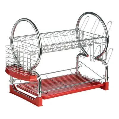 2 Tier Dish Drainer, Red & Chrome