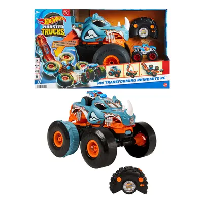 Monster Trucks HW Transforming Rhinomite RC in 1:12 Scale with 1:64 Scale Race Ace Toy Truck, Co