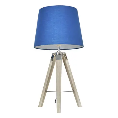 Modern Distressed Wood and Silver Chrome Tripod Table Lamp with a Navy Blue Tapered Light Shade