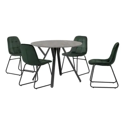 (Emerald Green Velvet) Athens Concrete Effect/Black Round Dining Set with Lukas Chairs - Table w